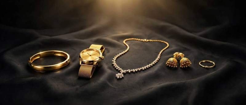 Gold jewellery for everyone — men's kara and watch, women's diamond necklace and jhumka earrings, and a baby bangle, arranged on dark silk